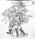  +++ 3girls absurdres anger_vein angry barefoot carbohydrate_(asta4282) character_name commentary_request detached_sleeves dress earrings fang greyscale grin highres holding holding_smoking_pipe holding_spork horn_ornament horn_ribbon horns human_tower jewelry kiseru kneehighs komakusa_sannyo monochrome multiple_girls one-hour_drawing_challenge open_mouth oversized_object pointy_ears ribbon sheep_horns shoes skin_fang smile smoking_pipe socks soles spork stacking teireida_mai toes touhou toutetsu_yuuma traditional_media 