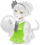 1girl black_bow black_bowtie black_hairband bow bowtie character_name closed_mouth collared_shirt commentary green_eyes green_vest grey_hair hairband hitodama hitodama_print kitunegasak konpaku_youmu konpaku_youmu_(ghost) looking_at_viewer shirt short_hair simple_background solo touhou translated upper_body vest white_background white_shirt 