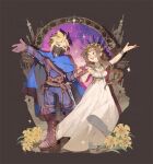  1boy 1girl aerith_gainsborough aerith_gainsborough_(loveless_dress) armor artist_name black_mask blonde_hair blue_cloak blue_eyes blue_pants blue_shirt blush boots braid braided_ponytail breasts brown_boots brown_gloves brown_hair chest_harness circlet cloak cloud_strife cloud_strife_(alphreid_costume) commission crown dress final_fantasy final_fantasy_vii final_fantasy_vii_rebirth final_fantasy_vii_remake flower full_body gloves green_eyes harness hetero highres holding_hands leather_armor lily_(flower) long_dress long_hair looking_at_another mask medium_breasts michiru_(viridilly) mouth_mask official_alternate_costume open_mouth pants parted_bangs princess_rosa_costume shirt short_hair sidelocks single_braid smile sparkle suspenders vambraces white_dress yellow_flower 