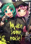  2girls absurdres alternate_color animal_ears bird_ears bird_wings black_dress black_hat blush brown_eyes choujuu_gigaku commentary_request cover cover_page dog_ears dog_girl doujin_cover dress english_text floppy_ears green_eyes green_hair green_nails guitar hat highres holding holding_guitar holding_instrument holding_microphone holding_plectrum instrument kapuchii kasodani_kyouko long_sleeves looking_at_viewer microphone microphone_stand multiple_girls mystia_lorelei open_mouth pink_hair plectrum smile teeth touhou upper_teeth_only wings 
