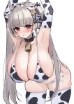  1girl absurdres alternate_costume animal_ears animal_print armpits arms_up azur_lane bare_shoulders bikini blush breasts cleavage commentary_request cow_ears cow_horns cow_print cow_print_bikini elbow_gloves formidable_(azur_lane) gloves grey_hair hair_ribbon highres horns huge_breasts long_hair looking_at_viewer marumai open_mouth print_bikini red_eyes ribbon sideboob solo swimsuit thighhighs thighs twintails two-tone_ribbon very_long_hair white_bikini white_gloves white_thighhighs 
