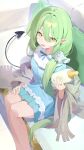  1girl absurdres baby_bottle blue_archive blue_dress bottle brown_eyes commentary_request couch demon_tail dress feet_out_of_frame fringe_trim green_hair hair_between_eyes highres holding holding_bottle long_hair looking_at_viewer nozomi_(blue_archive) nozomi_(kujibikido)_(blue_archive) on_couch open_mouth pillow pointy_ears shawl sitting solo tail teketi very_long_hair 