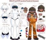  1boy 1girl :c :| ahoge armor backpack bag blue_eyes blush body_armor breasts brown_gloves brown_hair brown_shoes caterpillar_tracks chest_height clenched_hand closed_mouth commentary_request copyright_logo copyright_name couple dark-skinned_male dark_skin despair_sauce dirty dirty_clothes dirty_face english_commentary english_text eve_(wall-e) expressionless frown full_body gloves height_difference helmet high-visibility_clothing high-visibility_pants high-visibility_vest highres holding_hands holding_strap hood hood_down hooded_jacket ipod jacket logo looking_at_viewer mars_symbol mecha_musume medium_breasts mixed-language_commentary mp3_player name_tag nervous orange_jacket orange_pants pale_skin pants personification puckered_lips purple_eyes red_bag shirt shoes short_hair standing striped_clothes striped_shirt taller_female_shorter_male torn_clothes torn_pants two-tone_bag venus_symbol wall-e wall-e_(character) white_armor white_background white_bag white_hair white_helmet white_shoes 
