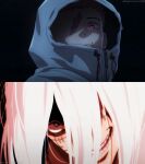  2boys absurdres closed_mouth commentary english_commentary grey_eyes highres hood hood_up itadori_yuji jujutsu_kaisen jujutsu_kaisen_modulo long_hair magimeoka mahito_(jujutsu_kaisen) multiple_boys open_mouth pink_hair red_eyes scar scar_on_face short_hair stitched_face stitches white_hair 