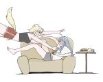  2girls animal_ears animalization bang_dream! bang_dream!_it's_mygo!!!!! barefoot black_tank_top blonde_hair blue_hair breasts couch dog_ears dog_girl dog_tail food food_on_face grey_shorts highres i_love_lesbian imminent_hug kemonomimi_mode large_breasts long_hair medium_hair midair misumi_uika mouse_(animal) multiple_girls on_couch open_mouth purple_eyes red_shorts shirt shorts simple_background smile tail tank_top togawa_sakiko white_background white_shirt yuri 