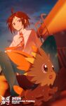  1boy ahoge black_hair blue_pants cheren_(pokemon) collared_shirt demonqz7 highres lillipup necktie outdoors pants parted_lips pokemon pokemon_(creature) pokemon_black_2_and_white_2 red_necktie shirt shoes short_hair sitting sky smile tongue tongue_out white_shirt 