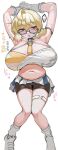  1girl ahoge armpits arms_behind_head arms_up bare_shoulders blonde_hair blue_archive blush braid breasts cleavage commentary_request criss-cross_halter gloves halo halterneck highres huge_breasts kotori_(blue_archive) kotori_(cheer_squad)_(blue_archive) looking_at_viewer low_twintails millennium_cheerleader_outfit_(blue_archive) miniskirt navel open_mouth pleated_skirt red_eyes sharekoube short_hair short_twintails skirt solo sports_bra thigh_strap thighs twintails white_gloves white_skirt 