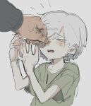  >_< 2boys age_difference blush caesita8tb child closed_eyes collarbone commentary_request crew_neck furrowed_brow grabbing_another's_nose green_shirt hands_up highres male_focus motion_lines multiple_boys notice_lines open_mouth original out_of_frame pain shirt short_hair short_sleeves skinny solo_focus tears teeth twitter_username upper_body upper_teeth_only watermark white_hair 