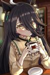 1girl ahoge amaimi animal_ears black_hair black_nails black_ribbon blush coffee coffee_mug commentary_request cup ear_tag earrings frilled_shirt frills hair_between_eyes holding holding_cup horse_ears horse_girl indoors jewelry long_bangs long_hair long_hair_between_eyes long_sleeves manhattan_cafe_(casual)_(umamusume) manhattan_cafe_(umamusume) mug multicolored_hair neck_ribbon ribbon saucer shirt single_earring solo umamusume white_hair yellow_eyes yellow_shirt 
