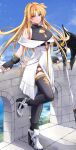  1girl ankle_boots bardiche_(bullova_form)_(nanoha) bardiche_(nanoha) bare_shoulders black_gloves black_thighhighs blonde_hair blue_sky boots closed_mouth clothing_cutout commentary_request cross-laced_slit cutout_above_navel dress fate_testarossa figure_four_sitting fingerless_gloves floating_hair full_body gloves hair_intakes halberd high_heel_boots high_heels highres leaning_on_object leg_up long_hair long_sidelocks looking_at_viewer lyrical_nanoha mahou_shoujo_lyrical_nanoha_strikers off-shoulder_dress off_shoulder outdoors parted_bangs polearm red_eyes side_slit sidelocks sitting sky smile solo sougetsu_izuki standing standing_on_one_leg thighhighs weapon weapon_against_wall white_dress 