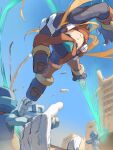  1boy absurdres android armor blonde_hair blue_eyes blue_sky building clear_sky closed_mouth commentary_request day dot_nose dynamic_pose forehead_jewel helmet highres holding holding_sword holding_weapon jumping long_hair looking_at_viewer male_focus mega_man_(series) mega_man_zero_(series) omochi_(mochi_skymega) outdoors pantheon_(mega_man) pov pov_hands red_armor red_helmet sky sword weapon z_saber zero(z)_(mega_man) zero_(mega_man) 