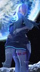 2boys commentary_request cyberpunk:_edgerunners cyberpunk_(series) earth_(planet) frown green_hair highres hologram hug jacket long_hair long_sleeves looking_at_another lucy_(cyberpunk) making-of_available medium_hair moon multiple_boys pei_(despay_illustration) planet rebecca_(cyberpunk) shorts space standing twintails white_hair wuthering_waves 