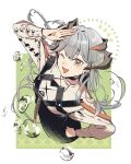  1girl :d above-cleavage_cutout absurdres akekaede824 arknights black_choker black_skirt breasts brown_horns choker clothing_cutout commentary curled_horns dot_nose dragon_girl dragon_horns ear_piercing flowing_shape_(arknights) grey_hair hand_on_own_hip highres horns large_breasts long_hair long_skirt looking_at_viewer muelsyse_(arknights) one_eye_closed open_mouth orange_eyes orange_horns piercing saria_(arknights) shading_eyes shirt skirt smile solo water white_shirt 