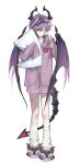  1boy absurdres alternate_costume bandaid bandaid_on_leg black_horns closed_mouth commentary crossed_bangs double-parted_bangs dragon_boy dragon_horns dragon_tail dragon_wings durin_(genshin_impact) english_commentary eye_mask genshin_impact hair_between_eyes heart highres holding holding_pillow horns long_sleeves male_focus mask mask_on_head mini_durin_(genshin_impact) one_eye_closed pajama_shorts pajamas pillow pink_eyes pink_pajamas purple_hair simple_background sleeves_past_fingers sleeves_past_wrists slippers smile socks solo tail toria_(toriaa_27) white_background white_socks wings 