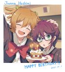  2girls :d :o ^_^ arm_up bell birthday birthday_cake blonde_hair blurry blurry_background blush border bow bowtie breast_pocket cake candle character_name closed_eyes collared_shirt commentary_request daiba_nana dated day depth_of_field english_text facing_viewer fingernails flipped_bangs food green_eyes green_ribbon grey_jacket hair_bell hair_between_eyes hair_ornament hair_ribbon hand_on_another's_head hand_up happy_birthday highres holding holding_plate hoshimi_junna indoors jacket light_particles long_sleeves looking_at_viewer low_side_ponytail multiple_girls open_clothes open_jacket open_mouth plate pocket purple_hair red_bow red_bowtie ribbon school_uniform seisho_music_academy_school_uniform shirt shoujo_kageki_revue_starlight side-by-side side_ponytail sidelocks sikyo69 smile strawberry_shortcake two_side_up upper_body white_border white_shirt 