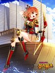  armor arrow bad_id bad_pixiv_id blonde_hair boat bow_(weapon) copyright_name greaves mole myoya open_mouth quiver sangoku_girls_wars sitting skirt solo watercraft watermark weapon yellow_eyes 