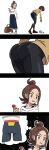  2girls absurdres asatsuki_(fgfff) ass bag belt bent_over blue_shoes bottle brown_bag brown_belt brown_eyes brown_hair commentary_request emma_(pokemon) hair_bun hand_up harmony_(pokemon) highres holding holding_phone looking_at_ass multiple_girls open_mouth pants phone picking_up pokemon pokemon_legends:_z-a ribbed_socks shirt shoes sidelocks single_hair_bun sneakers socks speech_bubble standing teeth thought_bubble unworn_bag upper_teeth_only water_bottle white_shirt 