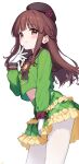  1girl absurdres beret bow braid breasts brown_eyes brown_hair brown_hat brown_sailor_collar closed_mouth commentary_request cropped_shirt frilled_skirt frills gloves green_shirt green_skirt hand_on_own_chin hand_up hat highres idolmaster idolmaster_cinderella_girls jia_wenyuan long_hair long_sleeves midriff navel ogata_chieri pantyhose plaid_clothes plaid_skirt red_bow sailor_collar sailor_shirt shirt sidelocks simple_background single_braid skirt sleeve_bow small_breasts smile solo white_background white_gloves white_pantyhose 
