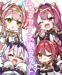  4girls :d ;) ^_^ arcanadea black_dress black_gloves breasts bridal_gauntlets brown_eyes brown_hair character_request charmed chibi circlet closed_eyes closed_mouth commentary_request dress elbow_gloves gii_(arcanadea) gloves green_eyes hair_intakes highres jako_(jakoo21) long_sleeves looking_at_viewer medium_breasts meltina_(arcanadea) multiple_girls one_eye_closed pink_dress purple_eyes purple_hair red_hair sharp_teeth sleeves_past_fingers sleeves_past_wrists smile teeth translation_request two_side_up v-shaped_eyebrows w white_sleeves 