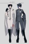  2boys absurdres arm_at_side arm_behind_back black_boots black_gloves black_hair blue_eyes blue_hair blue_hat blue_jacket blue_pants boots chinese_commentary commentary_request dual_persona facing_viewer full_body furisode_sleeves gloves grey_background hair_between_eyes hand_on_own_hip hand_up hat height height_chart highres jacket kaito_(rei_no_sakura_shirayuki)_(vocaloid) kaito_(rei_no_sakura_sousetsu)_(vocaloid) kaito_(vocaloid) kazenemuri knee_boots long_sleeves looking_at_viewer male_focus medal military_hat military_uniform multiple_boys pants peaked_cap project_diva_(series) senbonzakura_(vocaloid) short_hair simple_background standing translated vocaloid white_gloves white_hat white_pants 