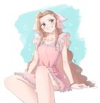  1girl aerith_gainsborough aerith_gainsborough_(cheap_pink_dress) aqua_background bead_bracelet beads bervens12 blush border bracelet breasts brown_hair dress feet_out_of_frame final_fantasy final_fantasy_vii final_fantasy_vii_remake green_eyes hair_ribbon highres jewelry long_hair medium_breasts official_alternate_costume parted_lips pink_dress pink_ribbon ponytail ribbon sidelocks sitting smile solo white_border 