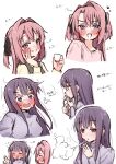  2girls black_ribbon blue_eyes blush choko_(cup) cigarette commentary_request cup gujyo_kanade hair_intakes hair_ribbon heart highres holding holding_cigarette holding_cup kamiina_botan kamiina_botan_yoeru_sugata_wa_yuri_no_hana lighting_cigarette long_hair multiple_girls open_mouth pink_hair pink_shirt purple_eyes purple_hair purple_sweater ribbon shirt simple_background smile smoking squeans sweater tro_illust0821 two_side_up white_background yellow_shirt 
