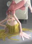  1girl absurdres armchair armpits bare_arms bare_legs bare_shoulders barefoot blonde_hair blush center_frills chair collarbone commentary covered_navel dress dress_ribbon fang flat_chest forehead foreshortening frills from_below full_body grey_background hair_slicked_back hair_spread_out hand_to_head highres legs_apart light_frown long_hair looking_at_viewer lying lying_upside-down monogatari_(series) on_back onon72234864 open_mouth oshino_shinobu outstretched_arm petticoat pink_dress red_ribbon ribbon ringed_eyes shade sleeveless sleeveless_dress solo sundress teeth untranslatable_commentary yellow_eyes 