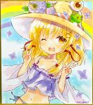  1girl alternate_costume artist_name bikini blonde_hair blush brown_hat detached_sleeves double_v flower frog hair_ribbon hat hat_flower highres hydrangea long_hair looking_at_viewer moriya_suwako navel one_eye_closed open_mouth purple_bikini purple_flower rainbow red_ribbon ribbon shikishi smile snail solo stomach swimsuit touhou traditional_media tress_ribbon v wide_sleeves yuzugoori 
