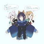  3girls ahoge animal_ears belt blonde_hair blue_hair blush bracelet cho_kaguya-hime! closed_eyes commentary_request forehead_jewel fox_ears gradient_eyes grey_hair hand_on_own_face highres jewelry kemonomimi_mode long_hair multicolored_eyes multiple_girls nail_polish runami_yachiyo runami_yachiyo_(tsukuyomi) sakayori_iroha sakayori_iroha_(tsukuyomi) shiro781 short_hair side_ponytail simple_background sweatdrop translation_request 