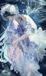  1girl air_bubble aurenthel_(vtuber) backless_dress backless_outfit bare_back bare_shoulders barefoot black_hair blue_hair bracelet breasts bubble cleavage closed_mouth commentary_request commission detached_sleeves dress expressionless floating_hair frilled_dress frills full_body gem gradient_sleeves hair_over_shoulder hand_on_own_ankle hand_on_own_leg head_tilt high-low_dress highres indie_virtual_youtuber jewelry knees_to_chest legs_together liquid_hair long_dress long_hair looking_at_viewer multicolored_eyes multicolored_hair necklace nnnyj pale_skin pearl_(gemstone) puffy_short_sleeves puffy_sleeves purple_dress purple_eyes purple_sleeves ribbon short_sleeves signature skeb_commission solo submerged two-tone_dress two-tone_eyes two-tone_hair two-tone_sleeves underwater very_long_hair virtual_youtuber watermark watermark_grid white_dress white_eyes white_headdress white_ribbon white_sleeves 