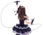  bare_shoulders black_dress black_gloves black_gothic_dress_(idolmaster) brown_hair cable dress from_behind gloves hair_ornament highres idol idolmaster idolmaster_cinderella_girls long_hair microphone outstretched_arm shibuya_rin shibuya_susano solo white_background 