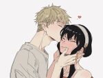  1boy 1girl bare_shoulders black_hair blonde_hair blush couple earrings furrowed_brow gold_earrings grey_shirt hair_between_eyes hairband hands_on_another's_cheeks hands_on_another's_face hetero highres jewelry kissing_hair long_hair shirt short_hair shoulder_blush sidelocks spy_x_family t_riangle twilight_(spy_x_family) upper_body white_background white_hairband yor_briar 
