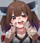  1boy 1girl ahoge brown_eyes brown_hair commentary_request dark-skinned_male dark_skin datemegane disembodied_hand finger_in_another's_mouth grey_background half-closed_eye headgear highres holding_another's_wrist japanese_clothes kimono looking_at_viewer medium_hair raised_eyebrows saliva simple_background tearing_up teeth tongue touhoku_kiritan trembling twintails upper_body voiceroid 