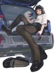  1girl absurdres ahoge awa_subaru black_hair black_pantyhose black_shoes black_skirt breasts car car_trunk cat commentary diagonal-striped_clothes diagonal-striped_necktie english_commentary girls_band_cry green_necktie hair_intakes hair_ribbon highres long_hair medium_breasts motor_vehicle necktie no_shoes open_mouth pantyhose plaid_clothes plaid_skirt pleated_skirt purple_eyes ribbon shirt shoes sitting skirt solo station_wagon striped_clothes striped_necktie subaru_(brand) unworn_shoes white_ribbon white_shirt yukiale 