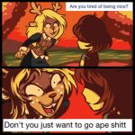 1:1 2026 2_panel_comic ambiguous_gender ambiguous_human anthro antlers are_you_tired_of_being_nice? bangs biped blonde_hair brown_hair buckteeth cartoon_freckles clothed clothing comic crazy_eyes deer deltarune detailed_background dialogue digital_drawing_(artwork) digital_media_(artwork) duo english_description english_text eye_contact eyelashes female female_anthro forest freckled_face freckles hair hair_over_eyes horn human insane kris_dreemurr lake long_eyelashes long_hair looking_at_another mammal meme new_world_deer noelle_holiday outside plant rabbitlegs reindeer shadowed_eyes short_hair smile smirk snout snowgrave teeth text tree undertale_(series) white_freckles wide_eyed yellow_body yellow_skin