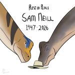 1:1 2026 a3dnazrigar ambiguous_gender brachiosaurid brachiosaurus clothing dinosaur duo eyes_closed hat headgear headwear hi_res in_memoriam jurassic_park macronarian prehistoric_species reptile sam_neill saurischian sauropod sauropodomorph scalie signature simple_background universal_studios white_background