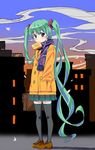  absurdres blue_eyes briefcase coat food food_in_mouth green_hair hand_in_pocket hatsune_miku highres kurai_nao long_hair looking_at_viewer mouth_hold scarf skirt solo thighhighs toast toast_in_mouth twintails very_long_hair vocaloid 