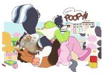 4_toes abdl abuniverse amomon anthro big_diaper black_body black_fur black_tail blue_body blue_fur blue_tail blush bottomless bottomwear brown_body brown_fur brown_hair brown_hands budd_hawhee_(dexarooni) clothed clothing container cup dancewear dialogue diaper diaper_in_face dinosaur duo equid equine facesitting facesitting_in_diaper feces feet footwear fritz_(fritzdaskunk) fur gaming hair hi_res hoodie hoodie_only horse huge_diaper legs_on_shoulders little_kings little_kings_(diaper) lying male male/male mammal mephitid muffled_sound nintendo nintendo_switch nursery onomatopoeia pacifier pink_clothing pink_footwear pink_nose pink_shoes playing_video_game pony pooping pooping_diaper pooping_on_another prehistoric_species raised_tail reptile scalie shoes sitting sitting_on_another skirt skunk soiled_diaper soiling soiling_diaper sound_effects speech_bubble stained_diaper tail tea_cup teapot text toes topwear topwear_only tutu unclean_diaper used_diaper using_diaper white_body white_feet white_fur white_hair white_hands white_sclera white_tail