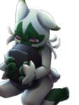 3:4 ambiguous_gender anthro biped bodily_fluids crying eyebrows eyelashes felid feline floragato fur generation_9_pokemon green_body green_fur hi_res holding_object magician_hat mammal mimideu64931 nintendo pokemon pokemon_(species) simple_background solo tail tears