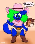 anthro belt blue_body callie_marbles clothing cowgirl_boots cowgirl_hat cowgirl_outfit diaper domestic_cat eyelashes feces felid feline felis female finger_gun fluffy fluffy_hair fluffy_tail gesture green_eyes green_hair hair hand_gesture hi_res hobby_horse kerchief looking_at_viewer mammal one_tooth pointing rocky-marbles sagging_diaper shirt soiled_diaper soiling solo speech_bubble stained_diaper standing t-shirt tail topwear unclean_diaper used_diaper