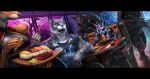 2024 ambient_fish ambient_sealife anthro aquarium armor breasts canid canine canis chair chopsticks clothing dagger detailed_background digital_media_(artwork) dobermann domestic_dog dutch_angle eating_noodles felid feline female food fur furniture grey_body grey_fur group gun hi_res holding_chopsticks holding_food holding_gun holding_object holding_ranged_weapon holding_rifle holding_vial holding_weapon inside lambdakat lynx male mammal melee_weapon military_uniform noodles open_mouth pantherine pauldron pinscher ramen ranged_weapon restaurant rifle science_fiction sitting smile snow_leopard sushi uniform vivarium wasabi weapon