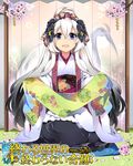  :d black_hair blue_eyes cherry_blossoms copyright_name flower hair_flower hair_ornament hair_ribbon japanese_clothes kimono long_hair multicolored_hair open_mouth revenge_of_dragoon ribbon ririkuto sitting smile solo very_long_hair watermark white_hair 