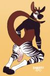 anthro anus backsack balls blue_eyes brown_body brown_fur butt eyewear foreskin fur genitals giraffid glasses hi_res hooves horn hornbuckle humanoid_genitalia humanoid_penis hybrid jewelry kangaroo looking_at_viewer macropod male mammal marsupial necklace okapi ossicone penis raised_tail raul_(tenpoundhammer) solo striped_butt stripes tail