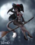 2018 4_fingers anthro areola bangs bent_arm biped black_claws black_clothing black_footwear black_hair black_hat black_headwear black_high_heels black_nose black_topwear blue_eyes breasts broom broom_riding claws cleaning_tool clothing cloud cloudy_sky colored digital_drawing_(artwork) digital_media_(artwork) dipstick_tail domestic_cat english_description felid feline felis female female_anthro fingers footwear forest full-length_portrait fur grey_body grey_fur grey_tail hair hand_behind_head hat headgear headwear hi_res high_heels highlights_(coloring) light lighting lips long_hair long_tail mammal markings medium_breasts moon multicolored_body multicolored_fur multicolored_hair outside pinup plant portrait pose red_areola red_highlights red_lips shaded shianko shoes sky smile solo tail tail_markings teeth topwear tree two_tone_body two_tone_fur two_tone_hair two_tone_tail white_sclera white_tail_tip witch_hat