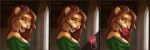 2025 3:1 absurd_res anthro ball_gag bdsm bdsm_gear breasts brown_hair clothing dress felid female female_anthro flower gag gag_sequence gagged gracylioness green_clothing green_dress green_eyes hair hi_res lion long_hair looking_at_viewer mammal open_mouth pantherine plant quotermain ring_gag solo tan_body tongue