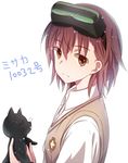  brown_eyes brown_hair cat head_mounted_display light_particles misaka_imouto misaka_imouto_10032 saya_(ccmkk54) school_uniform solo to_aru_kagaku_no_railgun to_aru_majutsu_no_index 