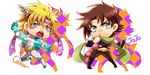  blonde_hair blue_eyes bola_(weapon) brown_hair bubble caesar_anthonio_zeppeli chibi feathers green_eyes hair_feathers jacket jojo_no_kimyou_na_bouken joseph_joestar_(young) kamuinii multiple_boys scarf 