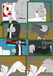 2spot_studio abs animate_inanimate anthro bandage bandaged_head belt black_clothing black_coat black_topwear bloody_bunny bloody_bunny_(series) boarded_window body_wraps breasts clothed clothing coat comic dialogue digital_media_(artwork) doll duo english_text eyewear female floating_hands fur glasses grey_body grey_skin gun hand_holding hank_j._wimbleton hat headgear headwear hi_res holding_object holding_ranged_weapon holding_weapon holster holstered_weapon horn kerchief lagomorph leporid living_doll madness_combat male male/female mammal mask multicolored_eyes nevadean_(madness_combat) open_clothing open_coat open_mouth open_topwear otakon_(artist) rabbit ranged_weapon red_eyes red_eyewear red_glasses red_inner_ear red_nose spanish_text stitch_(sewing) submachine_gun sunglasses text tongue toothy_smile topwear trenchcoat uzi weapon white_body white_fur wraps yellow_eyes