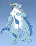 2016 4_fingers 4_toes anthro aquatic aquatic_dragon arm_tuft barbel_(anatomy) bent_arm biped black_claws blue_body blue_fur blue_hair blue_tail bodily_fluids claws cum digital_drawing_(artwork) digital_media_(artwork) dragon elbow_tuft english_description featureless_chest feet finger_claws fingers flat_colors full-length_portrait fur genital_fluids gradient_background grey_horn grosspotoo hair horn lidded_eyes long_horn long_tail male male_anthro medium_hair multicolored_body multicolored_fur mythological_creature mythological_scalie mythology nude nude_anthro nude_male pecs pink_inner_ear portrait red_eyes scalie sharp_teeth simple_background solo standing tail teeth thin_eyebrows toe_claws toes toothy_grin tuft white_nose white_sclera wingless_dragon