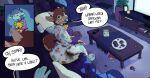 5_fingers abdl activision amomon anthro anthro_pov baby_bottle blue_body blue_fur blue_hair bodily_fluids brown_body brown_fur brown_hair clothed clothing cookie crumbs daydreamed_(character) detailed_background dialogue diaper diaper_blowout diaper_under_clothing diaper_under_onesie dragon duo electronics empty_bottle english_text equid equine eyewear feces feces_blowout fingers first_person_view food fur furniture furred_dragon furred_scalie game_boy game_boy_family genital_fluids glasses hair hi_res holding_object holding_plushie horn horse leaking leaking_diaper leaking_feces leaking_urine living_room male male_pov mammal mythological_creature mythological_scalie mythology nintendo object_in_mouth on_sofa onesie pacifier pacifier_in_mouth pattern_clothing pillow plushie purple_hair purple_onesie scalie sitting sitting_on_sofa smile smiling_at_viewer sofa soiled_diaper soiling speech_bubble spyro spyro_the_dragon stained_clothing standing starbuck table television television_remote text unclean_diaper urine used_diaper watching_television wearing_diaper wearing_glasses wet_diaper white_onesie